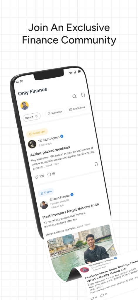 1% Club - Exclusive finance community feed in the 1 percent club app showing posts from experts