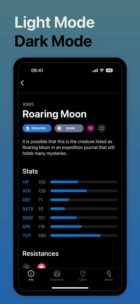 ProDex - Complete Game Guide - Captura de tela do aplicativo ProDex mostrando as estatísticas e tipos de Roaring Moon no modo escuro