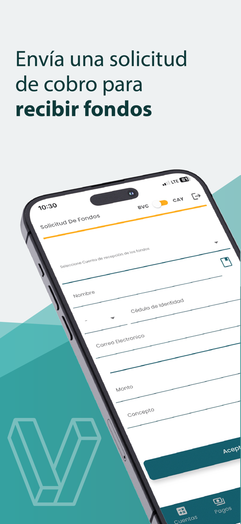 VOL.móvil (acceso anticipado) - Mobile Bildschirm der VOL movil App, der das Formular zur Anforderung einer Geldeinsendung zur Einziehung von Geldern zeigt