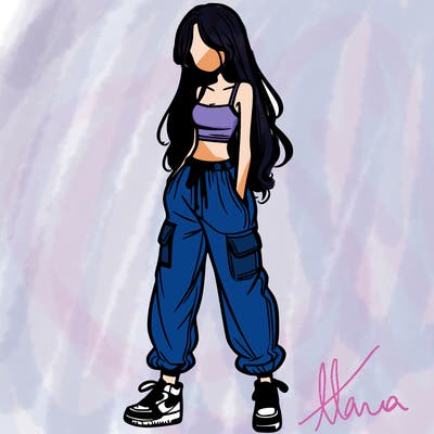 girl in baggy pants crop top and long hair