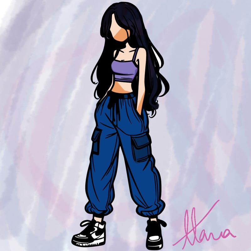 girl in baggy pants crop top and long hair