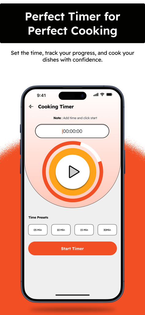 時間プリセットと開始ボタンが表示されている調理タイマーを示すモバイルアプリインターフェース