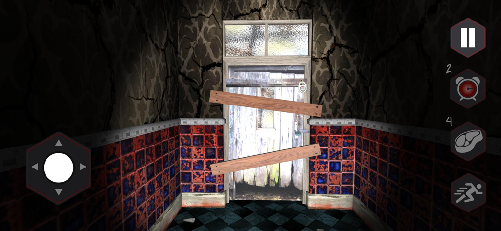 Scary Granny Nun Escape Game - Una puerta tapiada en una casa embrujada oscura del Juego de Escape de la Abuela Monja Aterradora