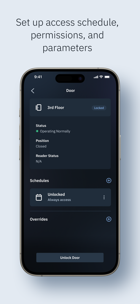Brivo Access - 문 상태 및 출입 일정 관리를 보여주는 Brivo Access 모바일 앱 인터페이스