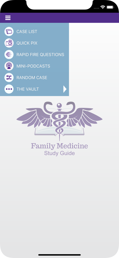 Family Medicine Study Guide - Interface of the Family Medicine Study Guide app showing the navigation menu with medical study categories and the official logo