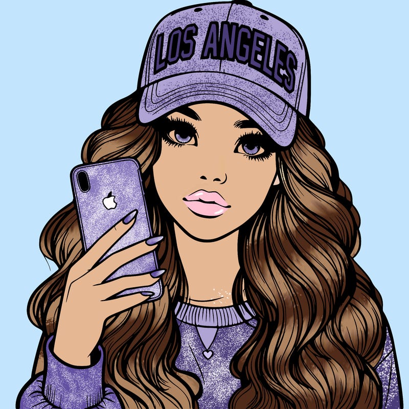realistic beautiful girl wearing los ángeles cap holding an iphone