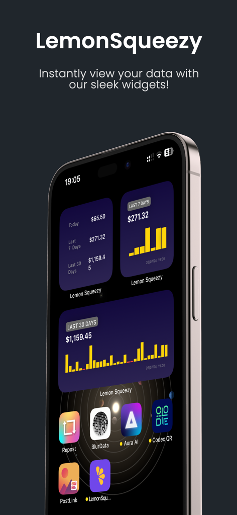 Lemon Squeeze - Pantalla de inicio de iPhone que muestra widgets de seguimiento de ventas de Lemon Squeeze con gráficos de ingresos para solopreneurs