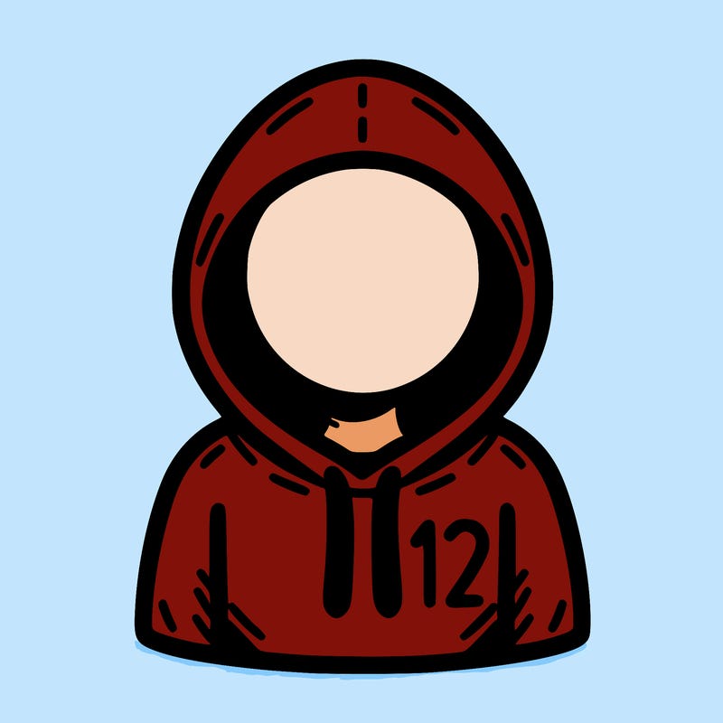 a person with non face waering a hoodie with a small 132 symbol