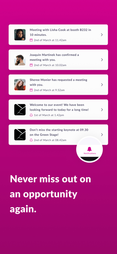 Interface do aplicativo DTECH Events exibindo uma lista de notificações de networking e lembretes de eventos em um fundo magenta.