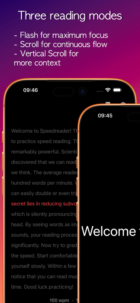 Speed Reader! - Speed Reader app interface highlighting three reading modes on iPhone screens