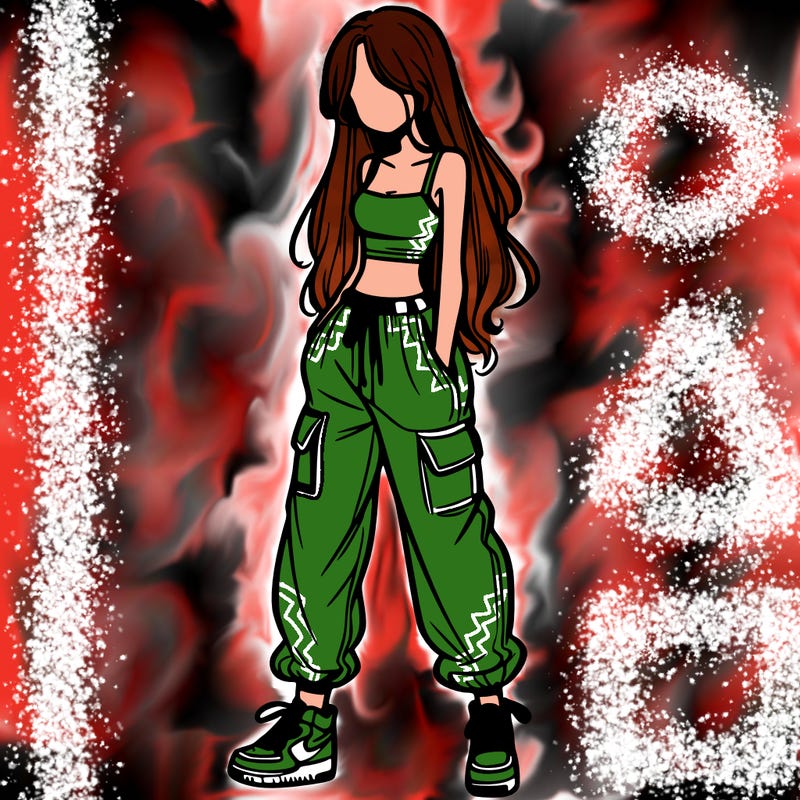 girl in baggy pants crop top and long hair