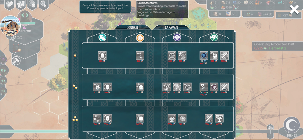 As Far As The Eye - Menü des Rates, das Fähigkeitsbäume und Ressourcenboni in As Far As The Eye anzeigt.