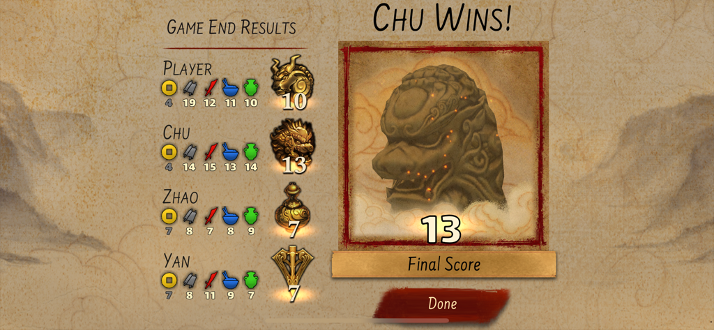 Game end results screen in Yellow and Yangtze showing player scores and the winner Chu