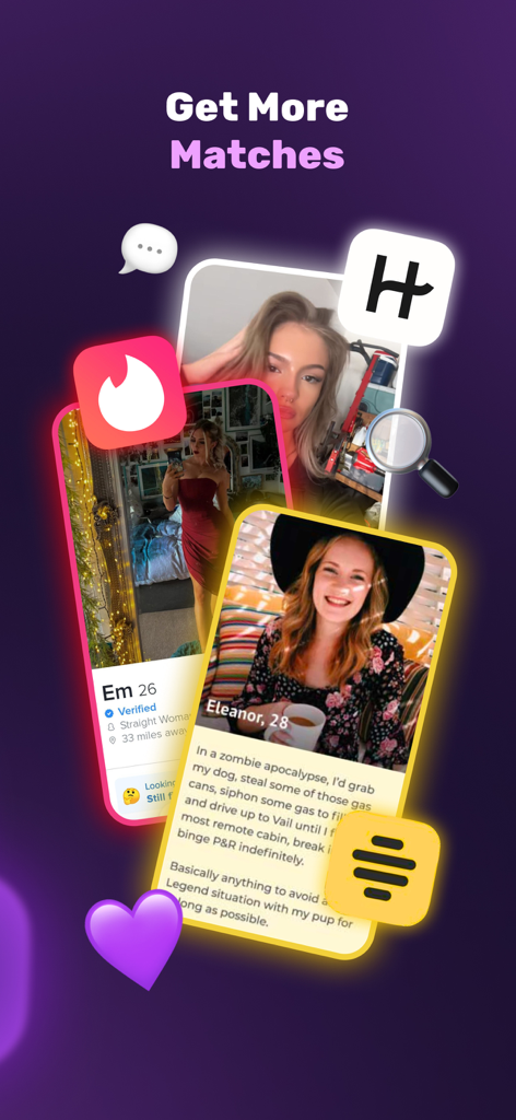 Flirt AI: Texting Assistant - Graphique montrant des profils de rencontres de Tinder Hinge et Bumble avec le titre Obtenez plus de correspondances