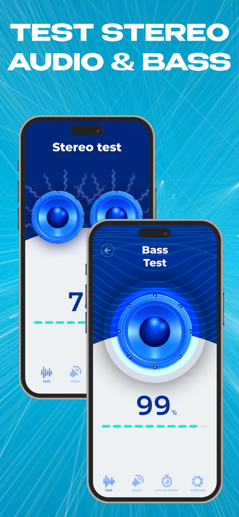Blowly Cleaner: Clear Wave - Blowly Cleaner app interface showing stereo and bass audio testing screens on two iPhones.