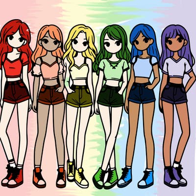 a group of girls wearing crop tops and shorts