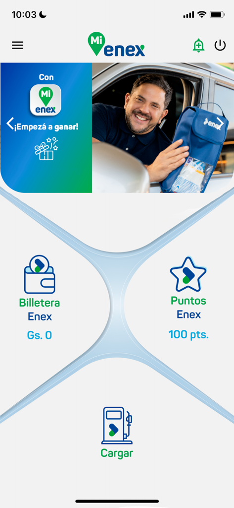 Mi Enex - Mi Enex app home screen displaying the digital wallet loyalty points and fueling shortcut