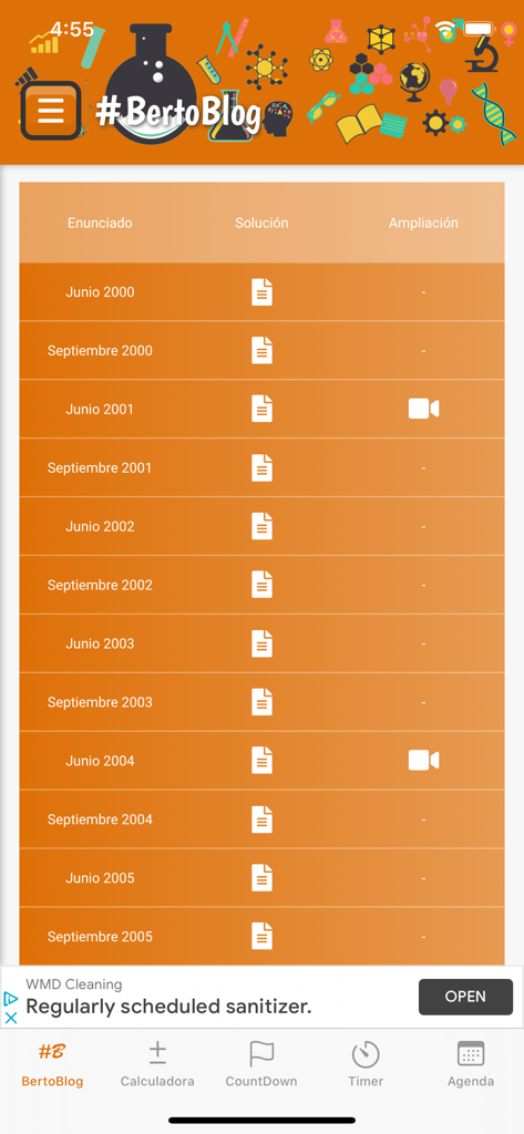 #BertoBlog - Interface of the BertoBlog app showing a chronological list of Spanish university entrance exams with links to solutions and videos.