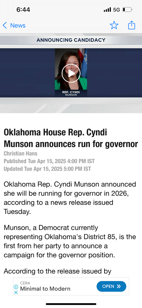 News On 6 - A news article on the News On 6 mobile app reporting Oklahoma Representative Cyndi Munson's announcement to run for governor.