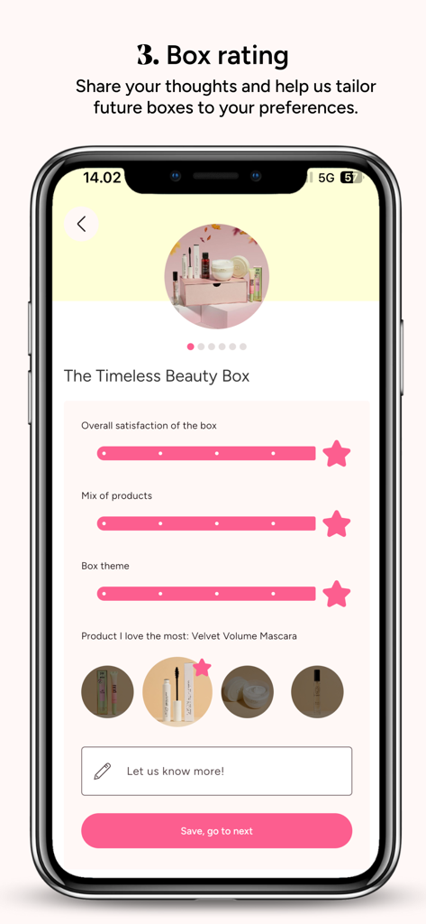 The App by Goodiebox - A mobile interface for the Goodiebox app showing a box rating system with satisfaction sliders and product selection for feedback.