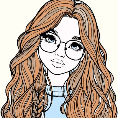 girl with long hair and freckles and glasses realistic