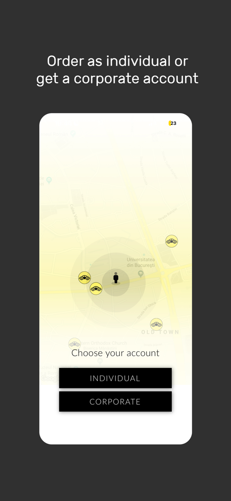 BlackCab - BlackCab mobile app screen showing options to choose between individual and corporate accounts for ride booking.