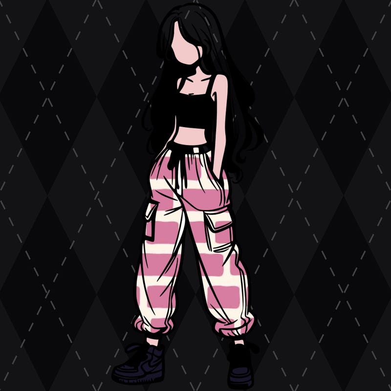 girl in baggy pants crop top and long hair