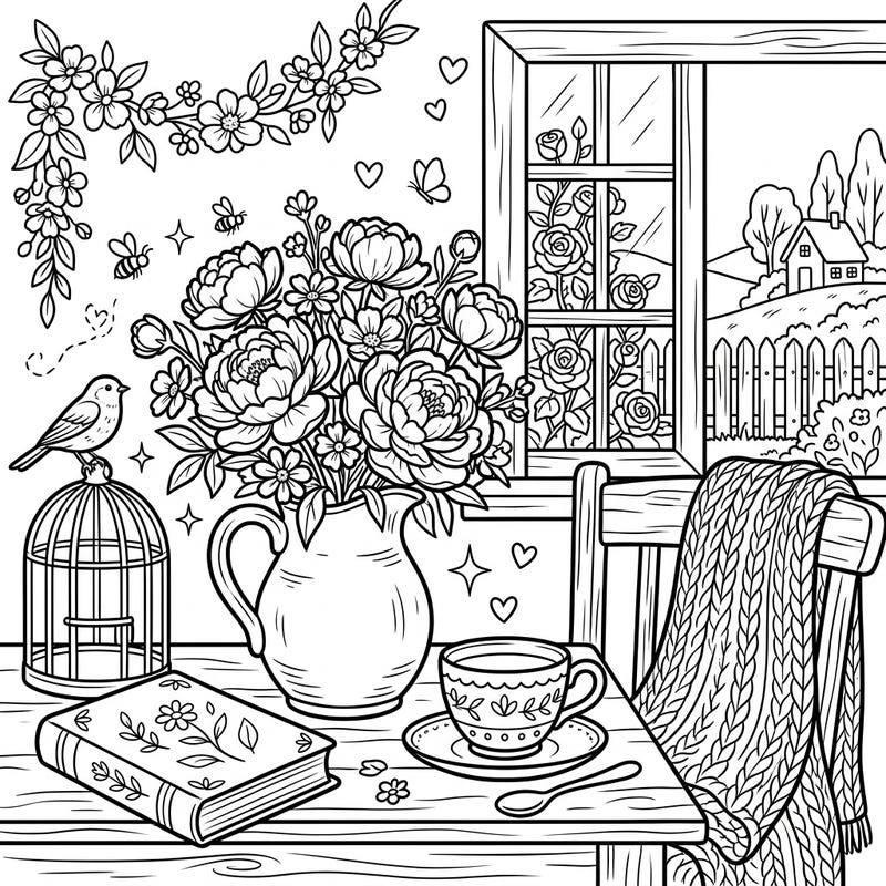 Step into a delightful world of White Peonies and rustic charm with this enchanting cottagecore coloring page. Perfect for a moment of peaceful creativity, this scene invites you to unwind and bring beauty to life.