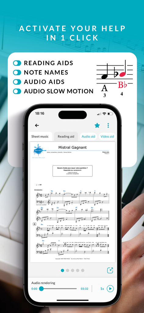 Noviscore - Noviscore app interface displaying sheet music with options for reading aids, note names, and audio playback