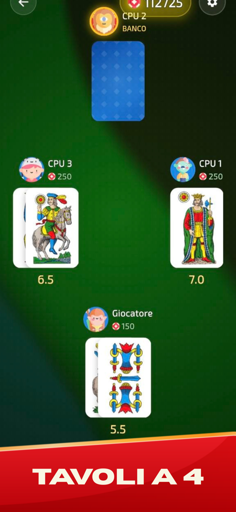 Sette e Mezzo: Carte Italiane - Sette e Mezzo mobile game screen showing a four player card match with Italian regional decks