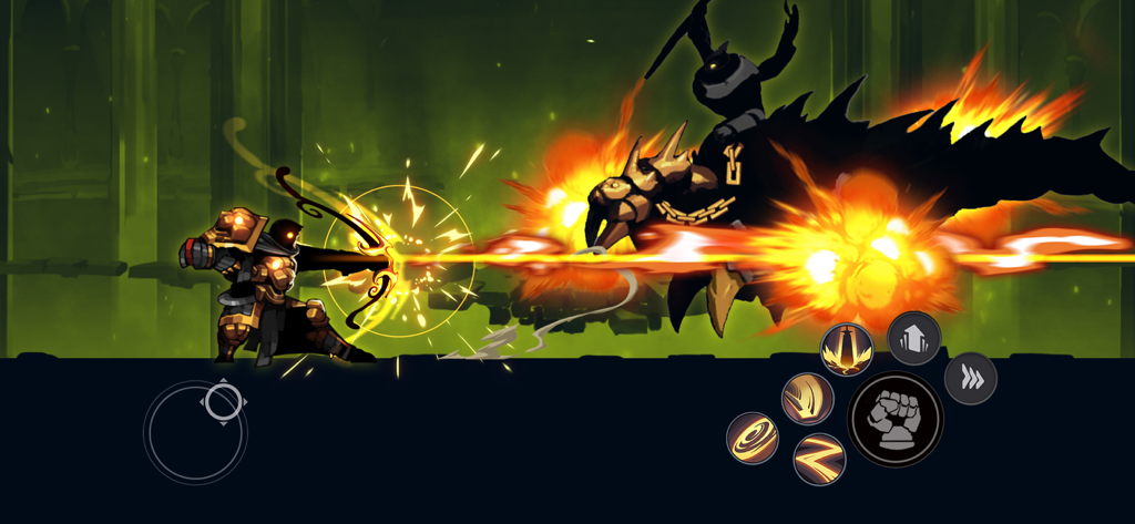 Stickman archer hero firing a glowing arrow at a giant shadow boss in Stickman Master