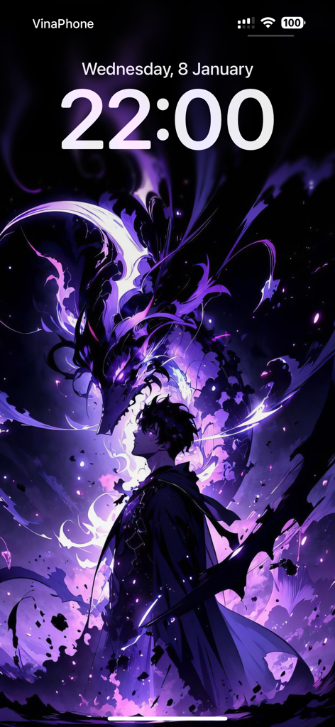 Cool Anime Wallpaper - Écran de verrouillage iPhone présentant un fond d'écran anime violet de haute qualité avec un personnage et un dragon spirituel