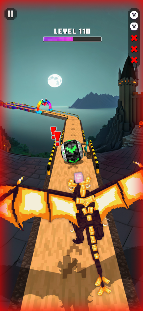 Super Rolling Ball Balance - Gameplay screenshot of Super Rolling Ball Balance featuring a blocky ball and a pixel dragon on a sky track at night.