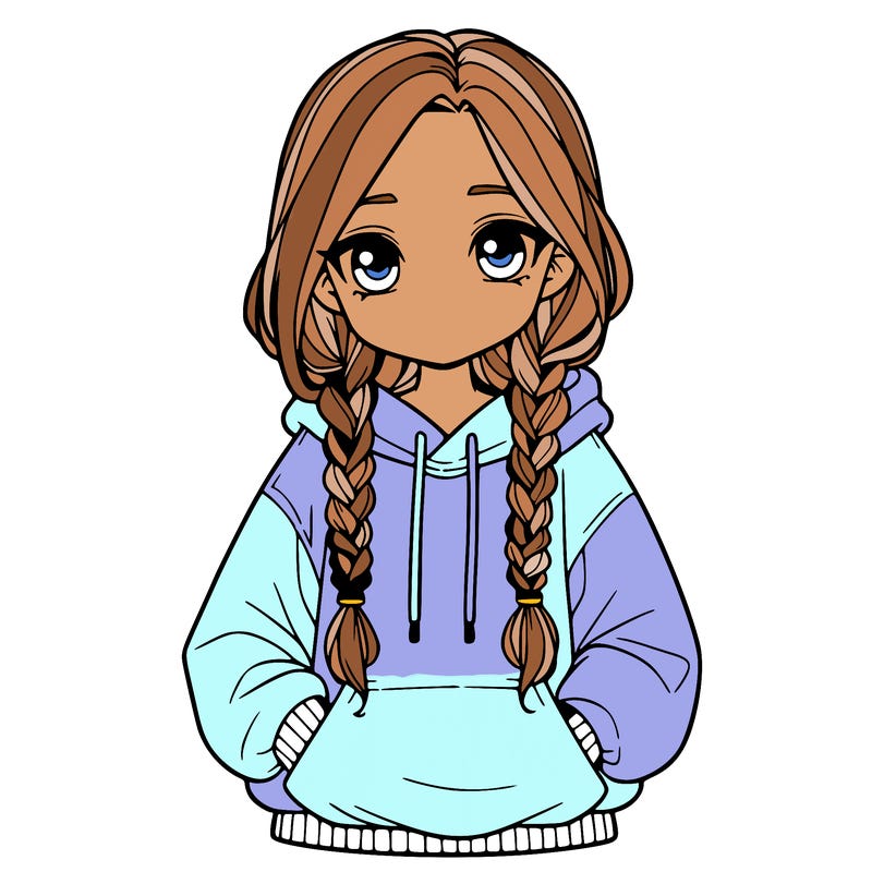 a realistic girl with a oversized hoodie and she has braids