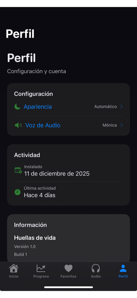 Huellas de vida - Profile screen of the Huellas de Vida app showing user activity and configuration settings