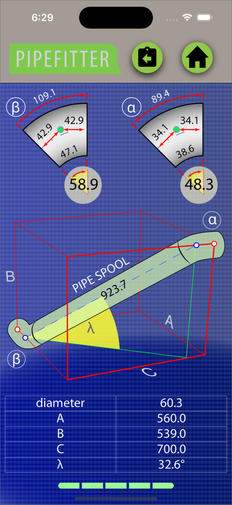 Pipefitter app interface showing a 3D pipe spool calculation with technical diagrams for angles and dimensions.
