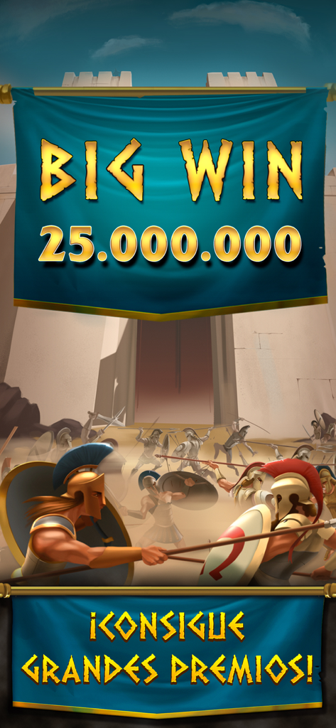 Troya - Máquina Tragaperras - Big win screen of Troya slot machine showing 25 million coins and Trojan soldiers battle scene