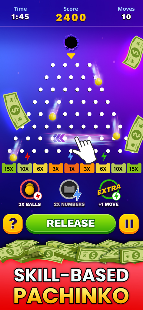 Pachinko Cash - Win Real Money - Capture d'écran du gameplay de Pachinko Cash montrant un puzzle de lancer de bille avec des multiplicateurs de score et des prix en argent.