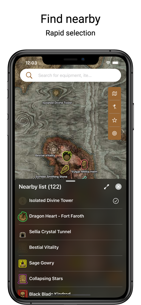 Elden Map - Interactive Map - Interfaz del mapa interactivo de Elden Ring que muestra una lista cercana de objetos y ubicaciones del juego.