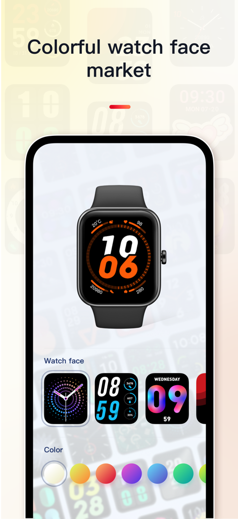 다양한 디지털 및 아날로그 시계 디자인과 색상 선택 팔레트가 있는 시계 화면 마켓을 보여주는 VeryFit 앱 인터페이스