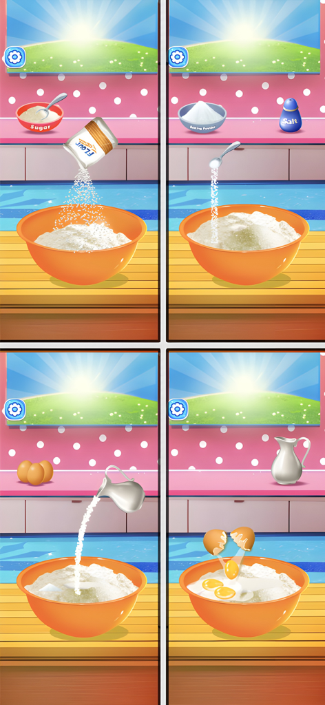 Cake Maker Game - Collage of four steps showing flour baking powder milk and eggs being added to a bowl