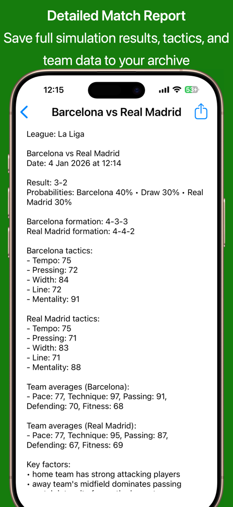 Un rapport détaillé de simulation de match de football montrant les statistiques tactiques et les probabilités de victoire pour Barcelone contre Real Madrid.
