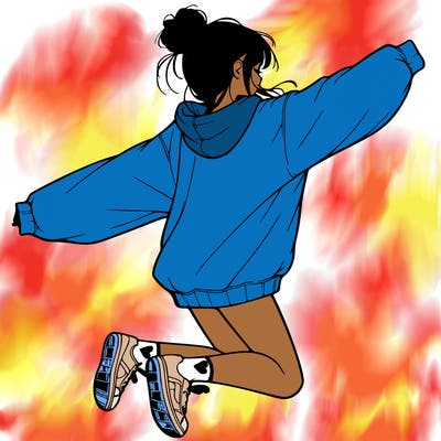 realistic girl jumping with a bun and oversized sweatshirt