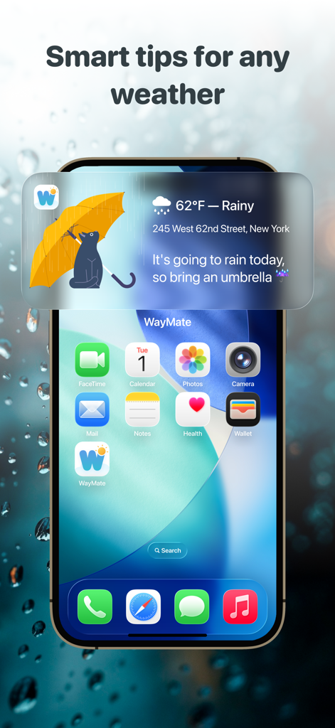 Track Family, Friends: WayMate - WayMate app notification on iPhone showing smart weather tips for a rainy day in New York