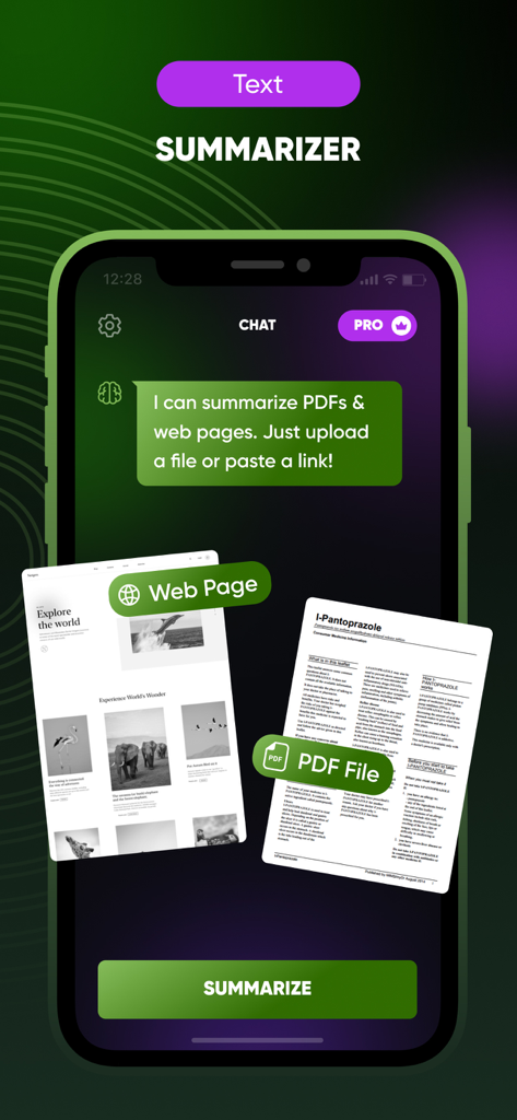 Chat Genius- Ask AI ChatBot - Chat Geniusアプリの画面に、PDFやウェブページ用のAIテキスト要約が表示されています