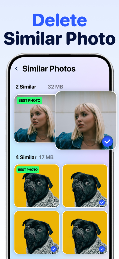 Clean Up Now: AI Cleaner - Interface of Clean Up Now app showing the similar photos feature identifying the best shot and selecting duplicates for deletion