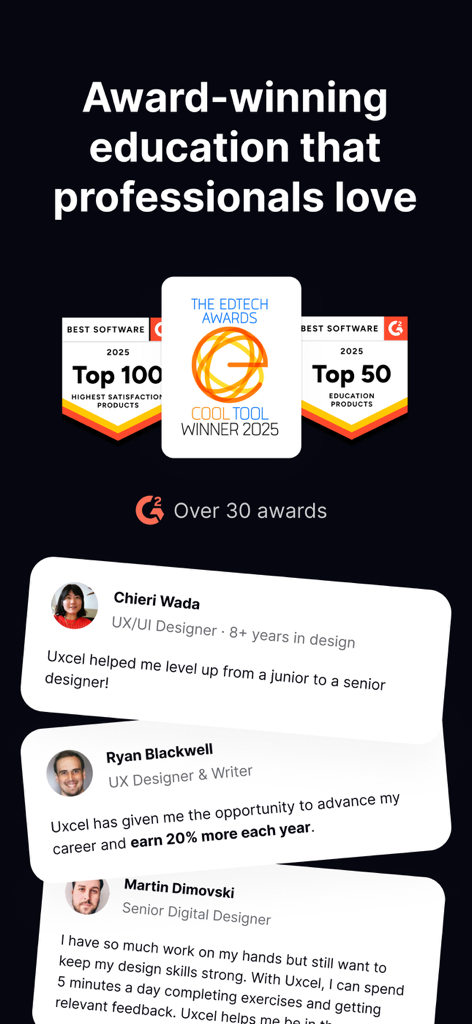 Uxcel: Learn UX design, PM, AI - Una vetrina di premi del settore Uxcel e testimonianze professionali positive di UX designer