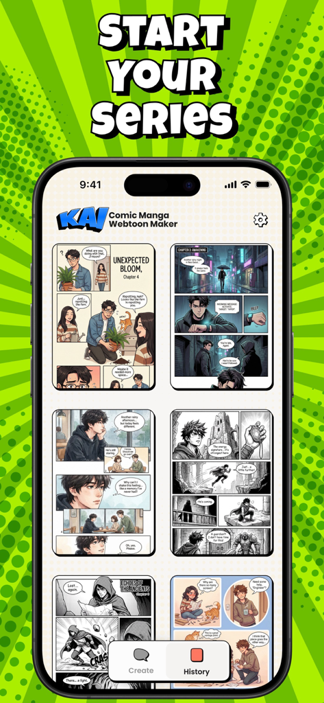 Una pantalla de smartphone que muestra una colección de páginas de diversas series de manga y cómics generadas por IA.