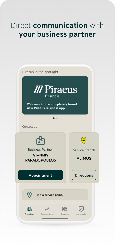 Piraeus Business app screen showing appointment booking with a business partner and branch directions.