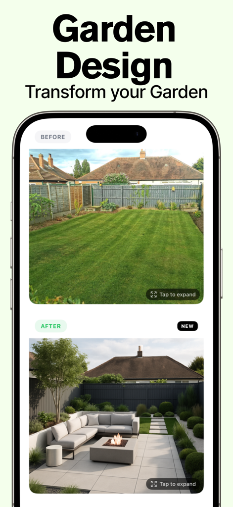 A before and after comparison showing a plain lawn transformed into a modern patio with a fire pit and seating using AI garden design.